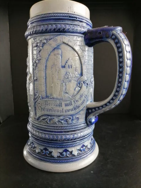 Ancienne Chope à bière  allemande en grès gris / bleu 1litre H22cm 3