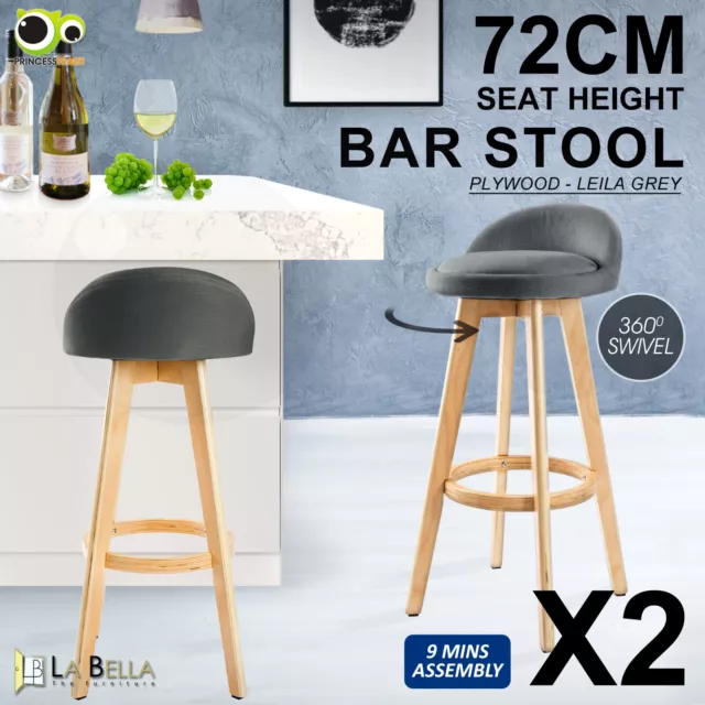 2X Wooden Bar Stool Swivel Barstools Dining Chair Kitchen Fabric LEILA GREY