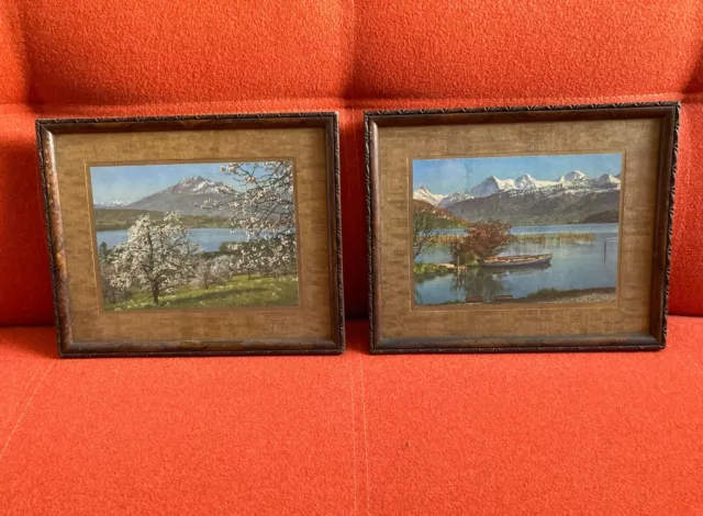 Pair c1930's Vintage Normill Glazed Framed Prints - Mountains Lake Boat Blossom