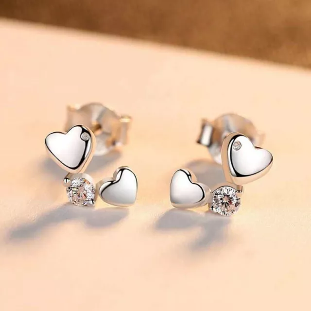 925 Silver Filled,Gold Stud Earring Cute Heart Jewelry Women Cubic Zircon Party