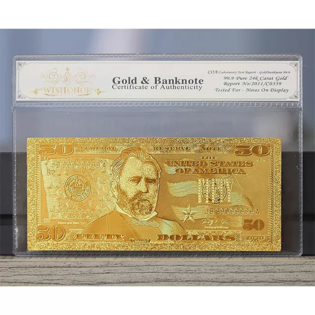 100mg 24K Gold 2009 $50 Dollar Bill Federal Reserve Banknote with White COA
