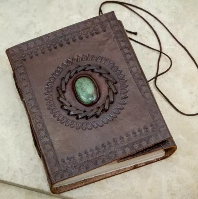 LARGE Handmade Leather Journal semi precious stone embossed Diary Fair Trade
