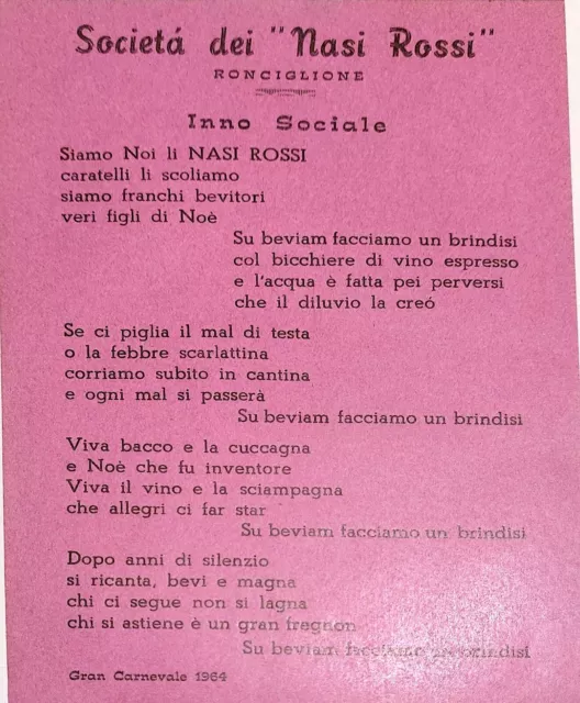 Volantino del Carnevale di Ronciglione del 1964 i Nasi rossi inno sociale (32)