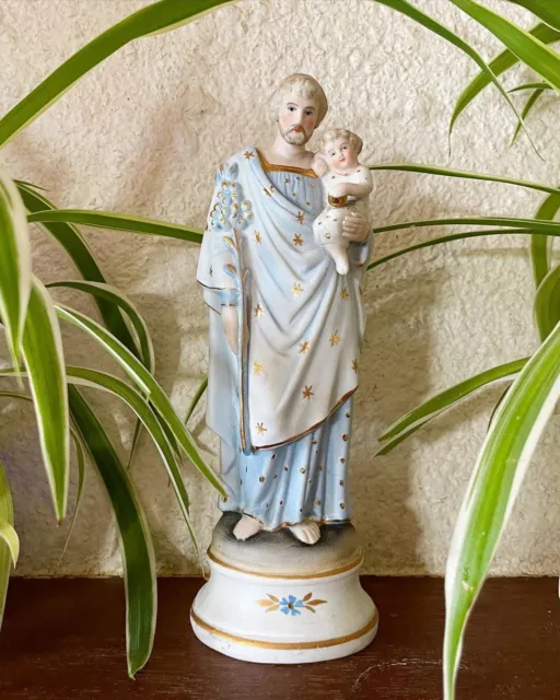 ancienne statuette religieuse religieux biscuit XX eme polychrome joseph jésus
