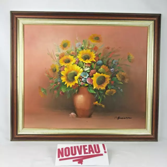 Grand tableau peinture à l'huile SIGNÉ sur toile de fleurs nature morte 73x63 cm