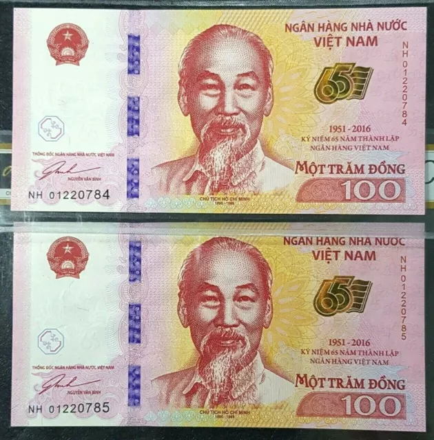 RARE VIETNAM COMMEMORATIVE 100 Dong Consecutive note UNC 2Pcs(+FREE1 note)#20178