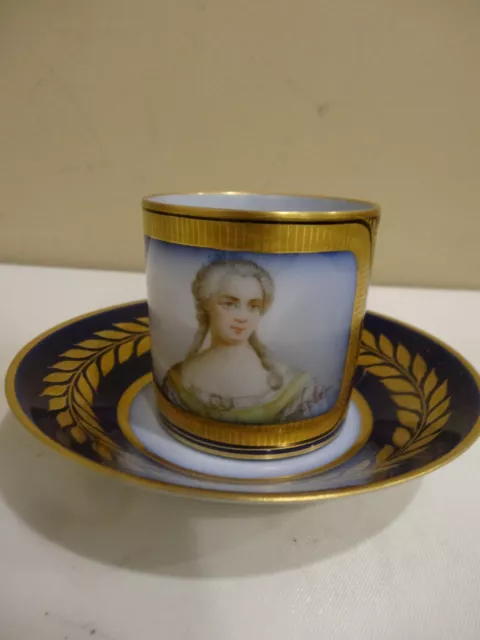 Antique 18th Sevres French Blue Cup and Saucer with Madame Victoire Portrait