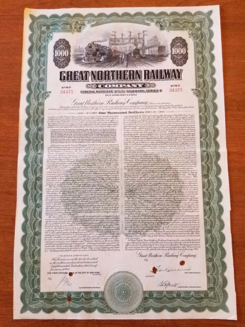 Great Northern Railway Railroad Bond Stock Certificate