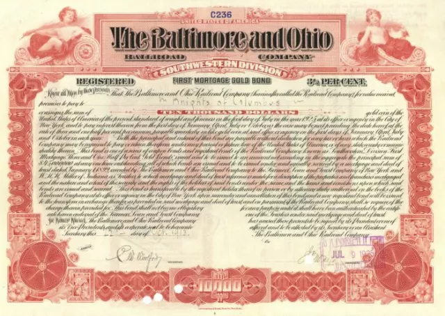 Baltimore and Ohio Railroad Co. Issued to Knights of Columbus - Bond - Railroad