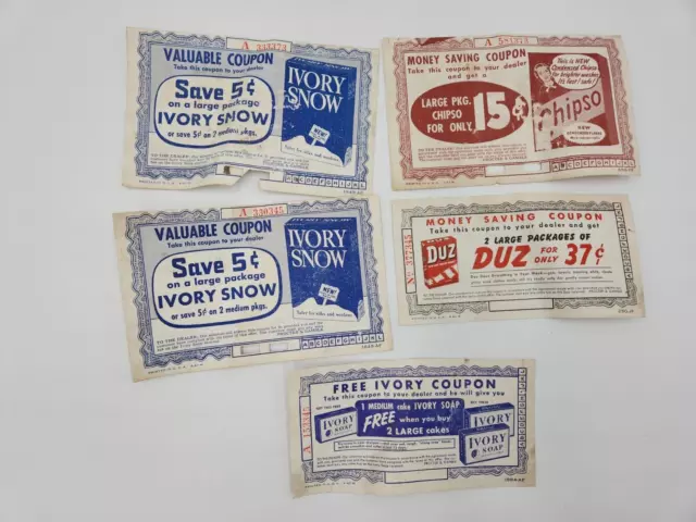 Vintage Lot of 5- 1950's Retail Proctor & Gamble Ivory Snow & Soap Duz Coupons