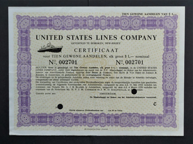 USA / Netherlands - United States Lines Company - 1950 - Dutch cert. for 10 shs