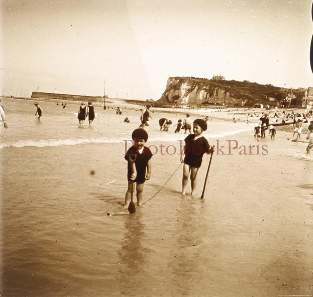 France Enfants à la plage c1930 Photo Plaque Stereo Vintage V33L19n