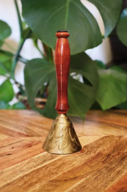 VINTAGE Etched BRASS BELL With WOODEN HANDLE Made in INDIA- 6" Height