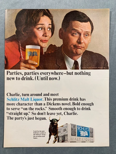 Schlitz Malt Liquor-  1966 vintage Print Ad 10 x 13"- Parties - sad faced man
