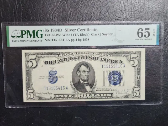 1934 D $5.00 Silver Certificate, FR #1654 WI TA Block, PMG Graded 65EPQ GEM