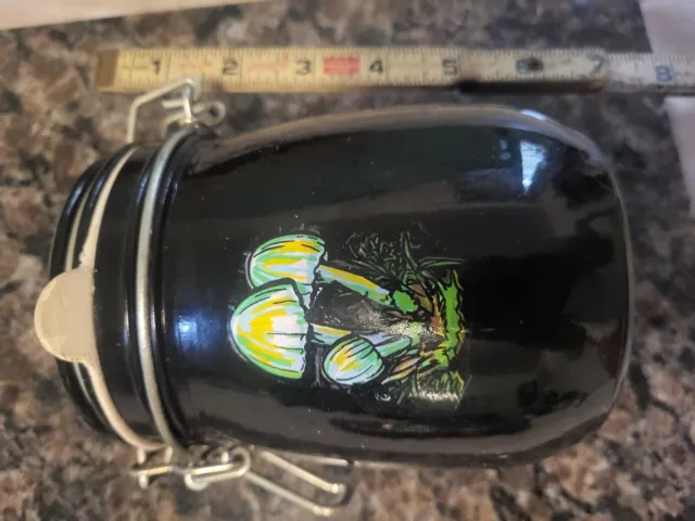 Vintage  Anchor Hocking Black Glass Canning Style Jar Wirh Mushroom And Seal