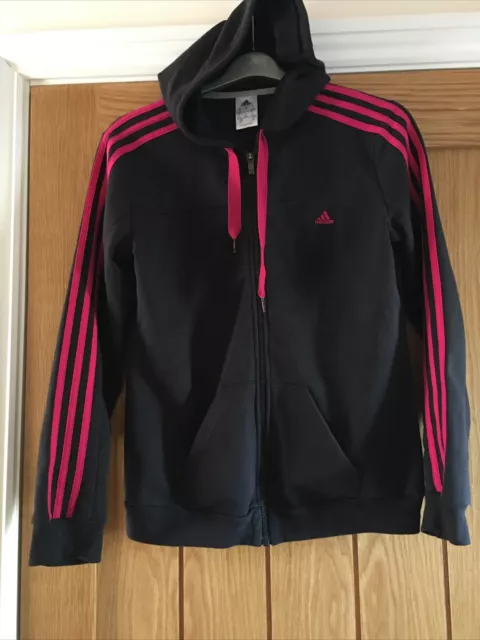 Girls Navy Adidas Zip Up Hoodie With Hot  Pink Stripes Age 8-10 Years WORN ONCE