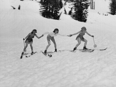 Vintage Girls Learning to Ski Poster Print, 1941 Antique Skiing Photo Poster