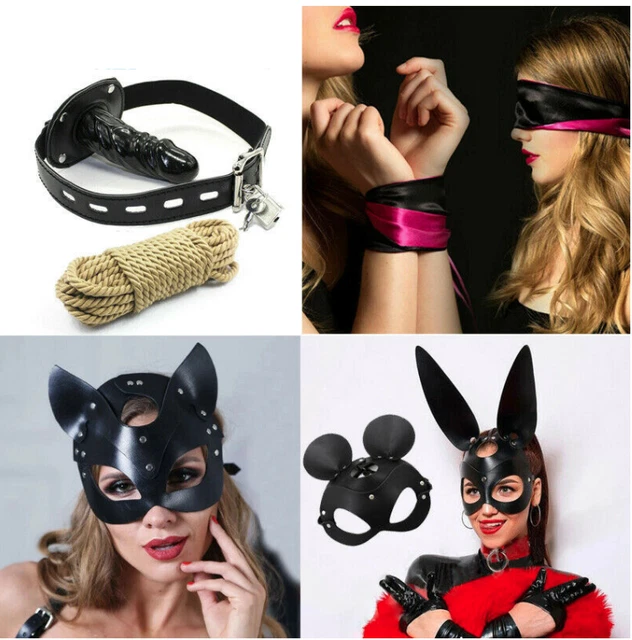 Sexy Hood Harness Shibari Rope Mouth Gag Plug Eye Mask Cat Ear Mask Cosplay BDSM