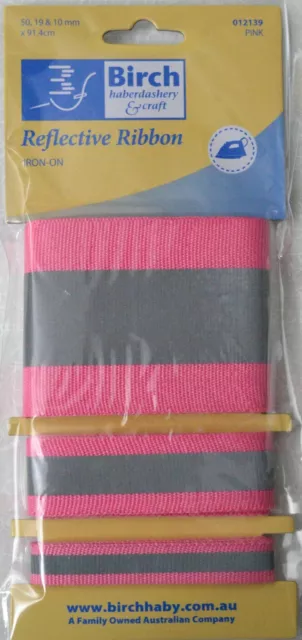 Birch Iron On Reflective Ribbon, Hi Vis Tape PINK, 50, 19 & 10mm, 91.4cm each