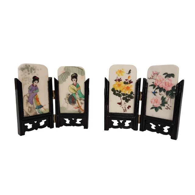 Chinese Table Top Screen Removable Marble Paperweight Lacquered Wood Frame - 2