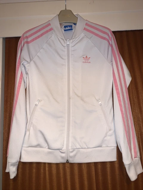 Girls White and Pink Adidas Track Jacket age 9-10 years genuine excellent cond!!