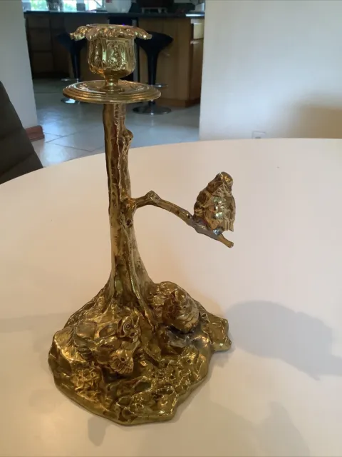 Vintage Solid  Brass  Heavy Ornate Nouveau Candlesick Tree Branch Three Birds