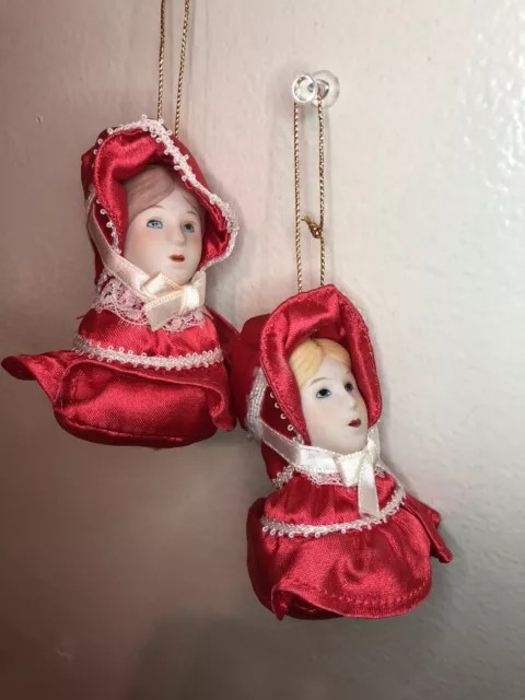 Vtg Russ Berrie Red Bonnet Girl 2ct Victorian Blonde Brunette Christmas Ornament