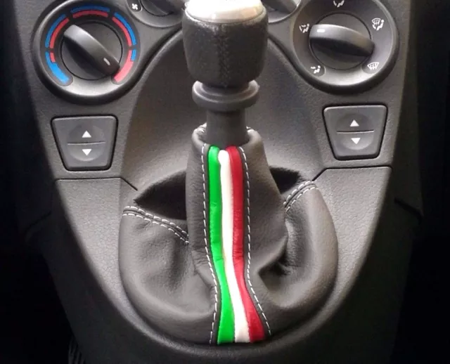 Fiat Panda Cuffia Leva Cambio Vera Pelle Grigia 2004 - 2012 Con Tricolore 2