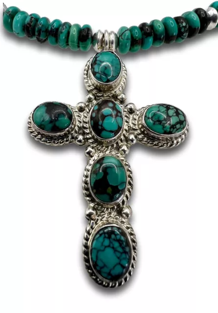 Vintage Navajo Signed JF Turquoise Sterling Massive Cross Pendant Necklace