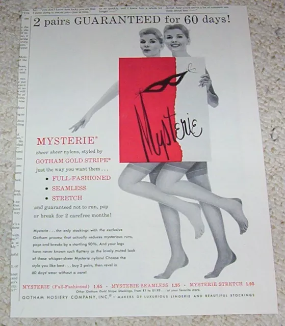 1955 print ad -Mysterie Gotham Gold Stripe Stockings sexy girl legs hosiery AD