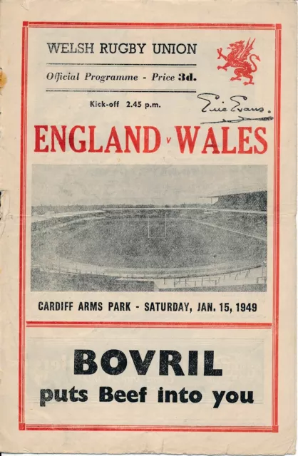 RUGBY UNION PROGRAMME - Wales v England (@ Cardiff Arms Park) 1949