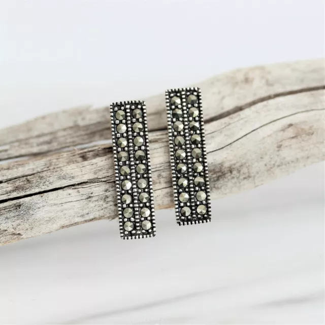 Genuine Sterling Silver 925 Marcasite Vintage Style Double Bar Stud Earrings