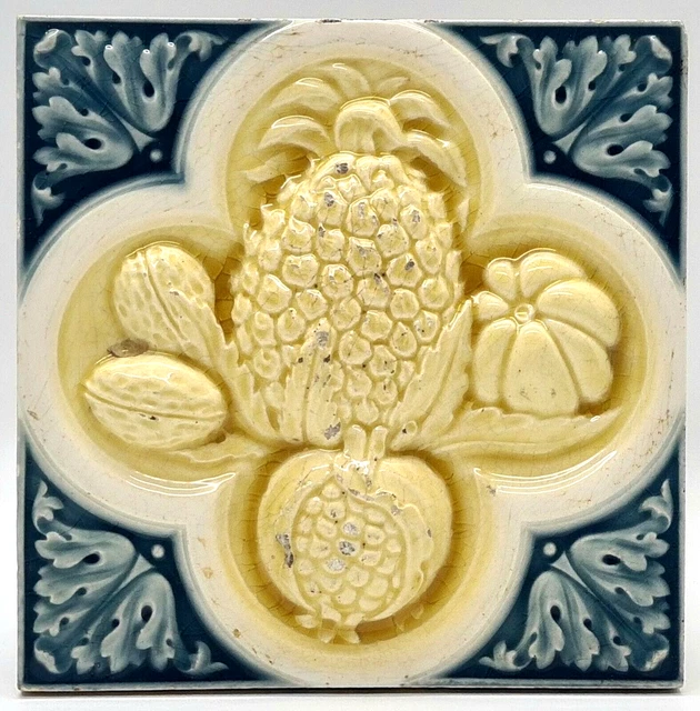 Minton Hollins & Co Embossed Fruit Majolica Tile C1890 AE2