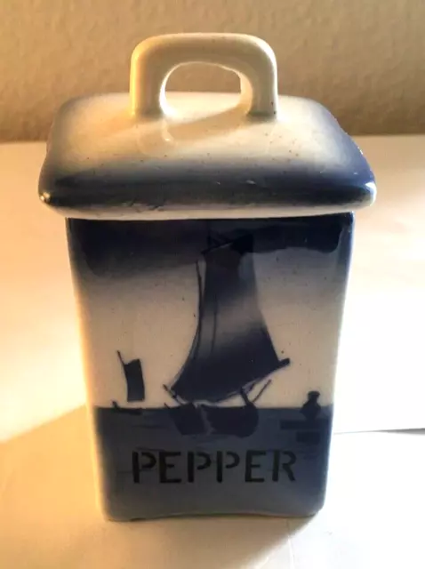 Vintage Ditmar Urbach – Pepper – Blue Sailboat Spice Jar Czechoslovakia Pottery