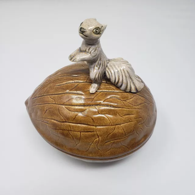 Vintage Ceramic Squirrel On A Walnut Covered Nut Candy Dish With Lid Holland 70s