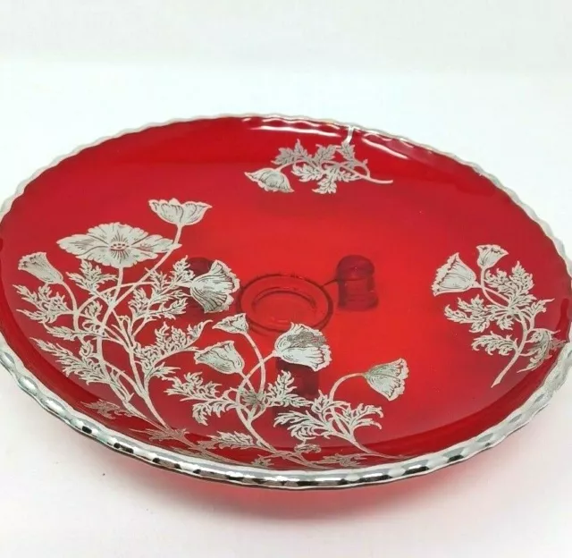 Vintage Ruby Red Art Glass Footed Dish With Silver Overlay Poppies Design