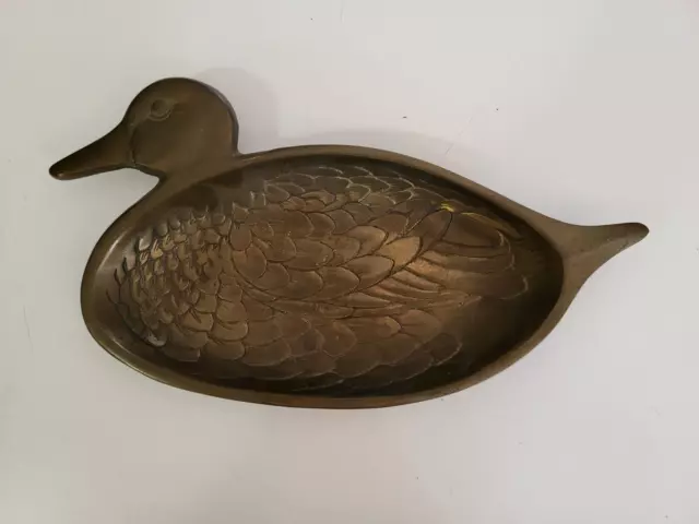 Vintage Brass Duck Mallard Coin Jewelry Trinket Valet Dish Tray 10 3/4" Long 2