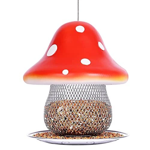 Red Mushroom Solar Bird Feeders - Outdoors Hanging Color Changing Solar Garde...