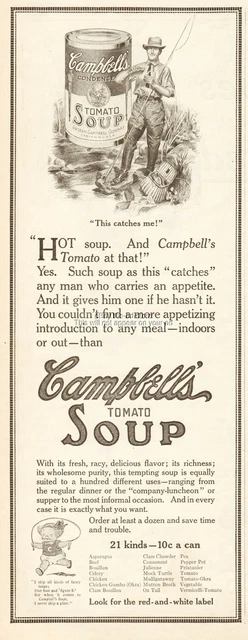 1912 Campbell's Tomato Soup Fly Fishing This Catches Me Camden NJ Kitchen Ad
