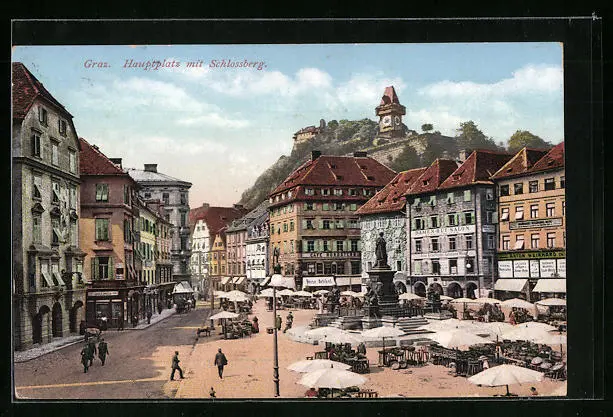 AK Graz, Wochenmarkt auf dem Hauptplatz, Blick auf den Schlossberg 1914