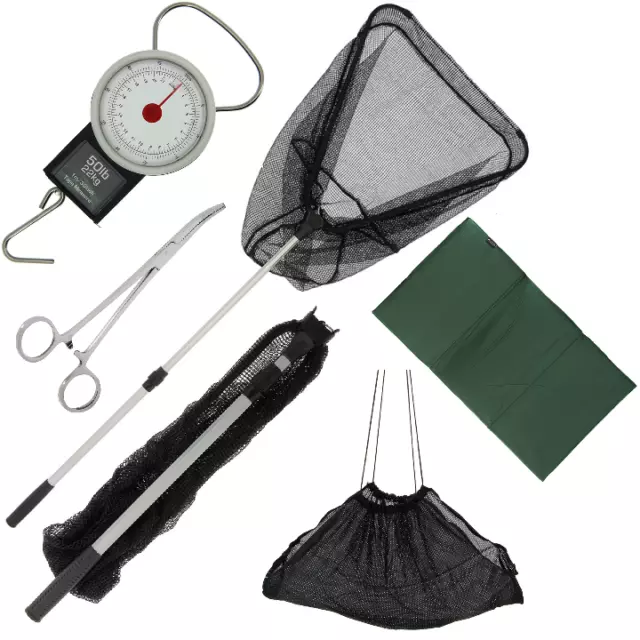 Folding Fishing Landing Net With Handle Combo + Mat Sling Scales Forceps Bundle