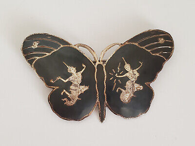Old Vintage Siam Niello Goddess Design Enameled Butterfly Brooch
