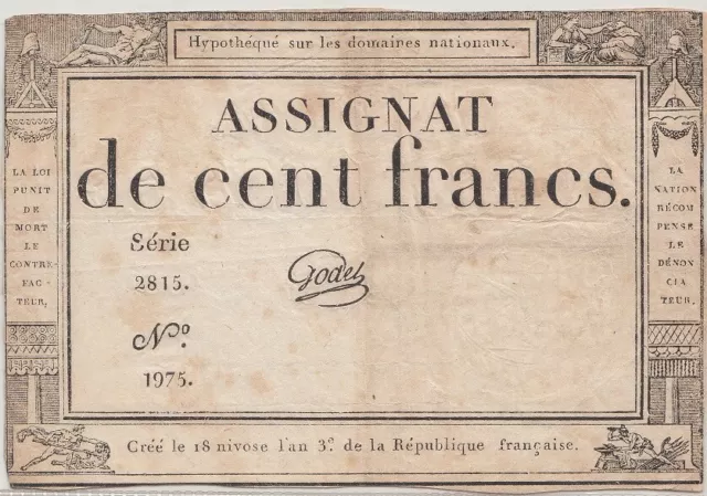 France Billet Assignat de Cent Francs L'AN 3