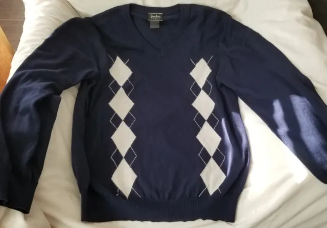 NEIMAN MARCUS Navy ARGYLE V-Neck THIN Soft Silky Size M Sweater MADE IN ITALY