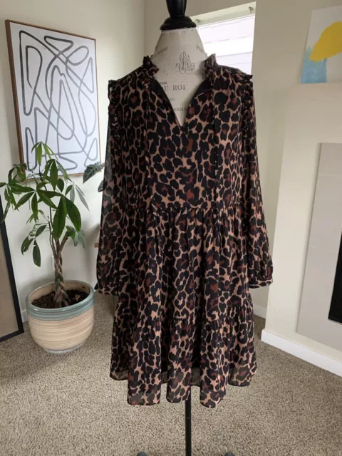 J Crew Tiered Dress Leopard Crinkle Chiffon Brown Black Sz M Cocktail women's