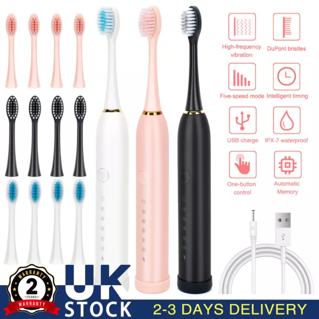 Electric Sonic Toothbrush Rechargeable 6 Modes Kids Adults Brush 4 Heads USB UK