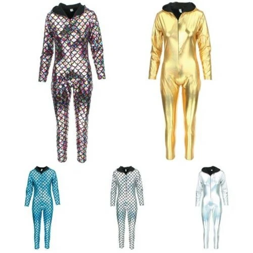 Con Cappuccio Tuta Elasticizzata Body Tutina Pantaloni Oro Argento Sirena Squame