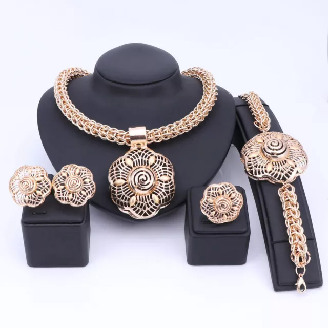 Gold Plated Round Flower Shape with Thick Box Chain 4 Pieces Jewelry Set