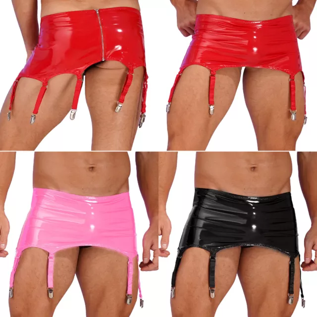 Mens Sissy Lingerie Patent Leather Zipper Garter Belt with Metal Clips Nightwear